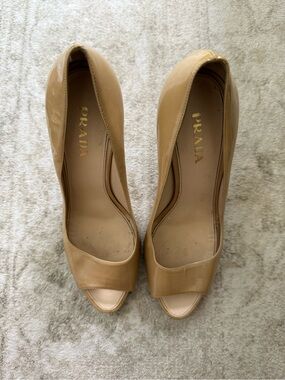 Prada Beige Patent Leather Peep-Toe Pumps